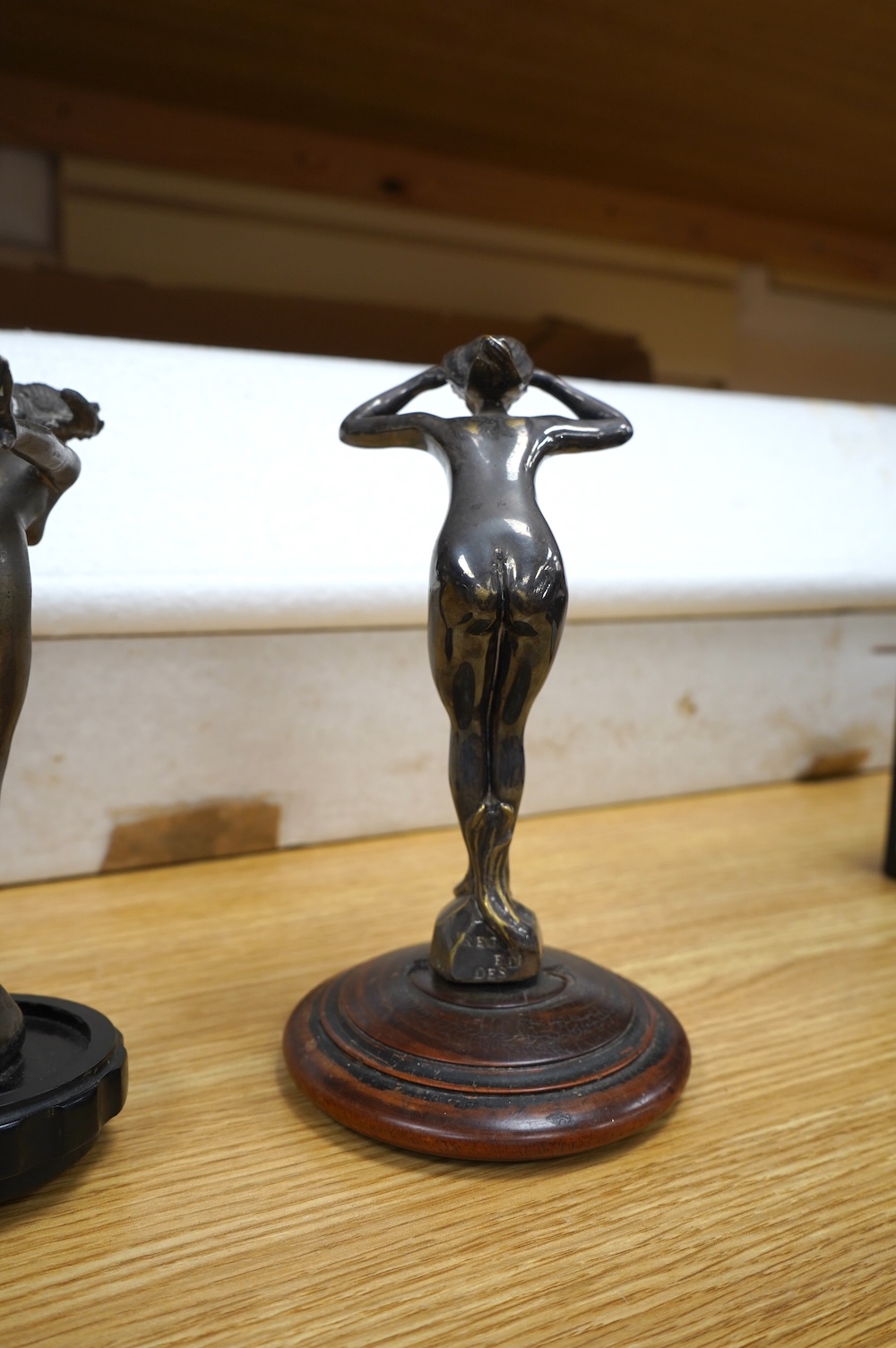 Two vintage chrome Lejeune figural car mascots, tallest 16.5cm high (not including base). Condition - fair to good.